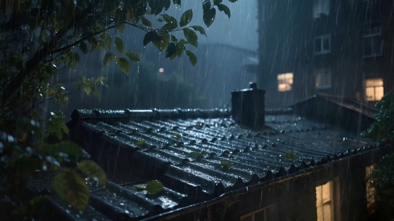 Night Rain on Rooftop for Sleep, Meditation, Relaxation, Calm Cozy Night Ambience