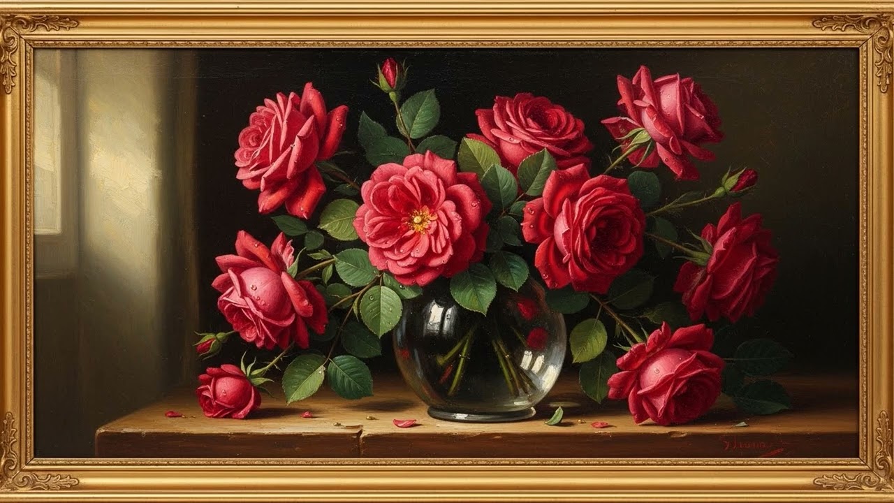 Colorful Roses Vintage Oil Painted V SCREEN | Gold Frame TV Art | Art Screensaver for TV 3 Hrs