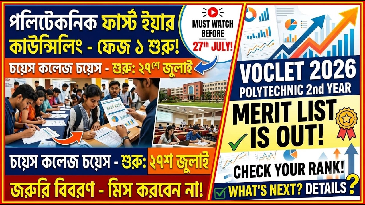 পলিটেকনিক ভর্তি আপডেট 2026 | Polytechnic 1st Year Counselling শুরু 27শে জুলাই | VOCLET Merit List