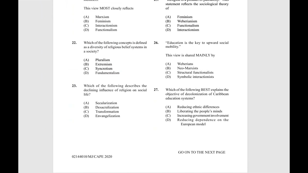 CAPE Sociology 2020 Unit 1 Paper 1