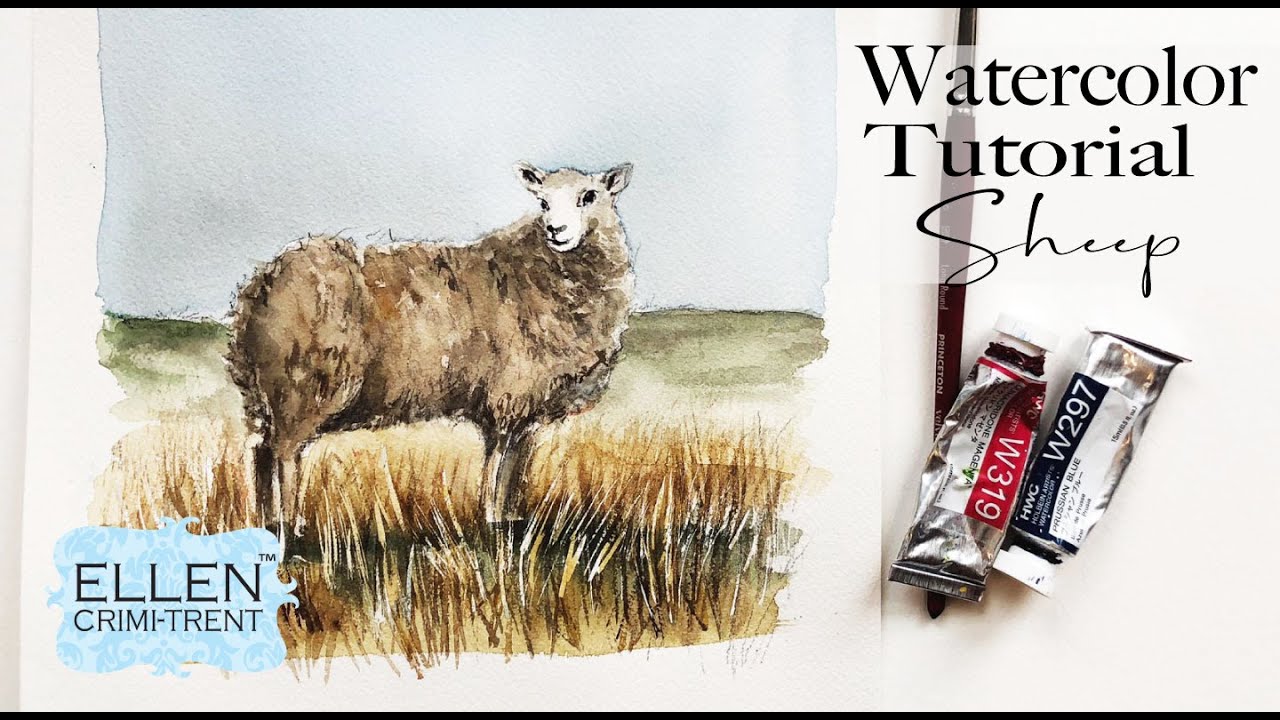 Watercolor Tutorial Sheep in Field Landscape
