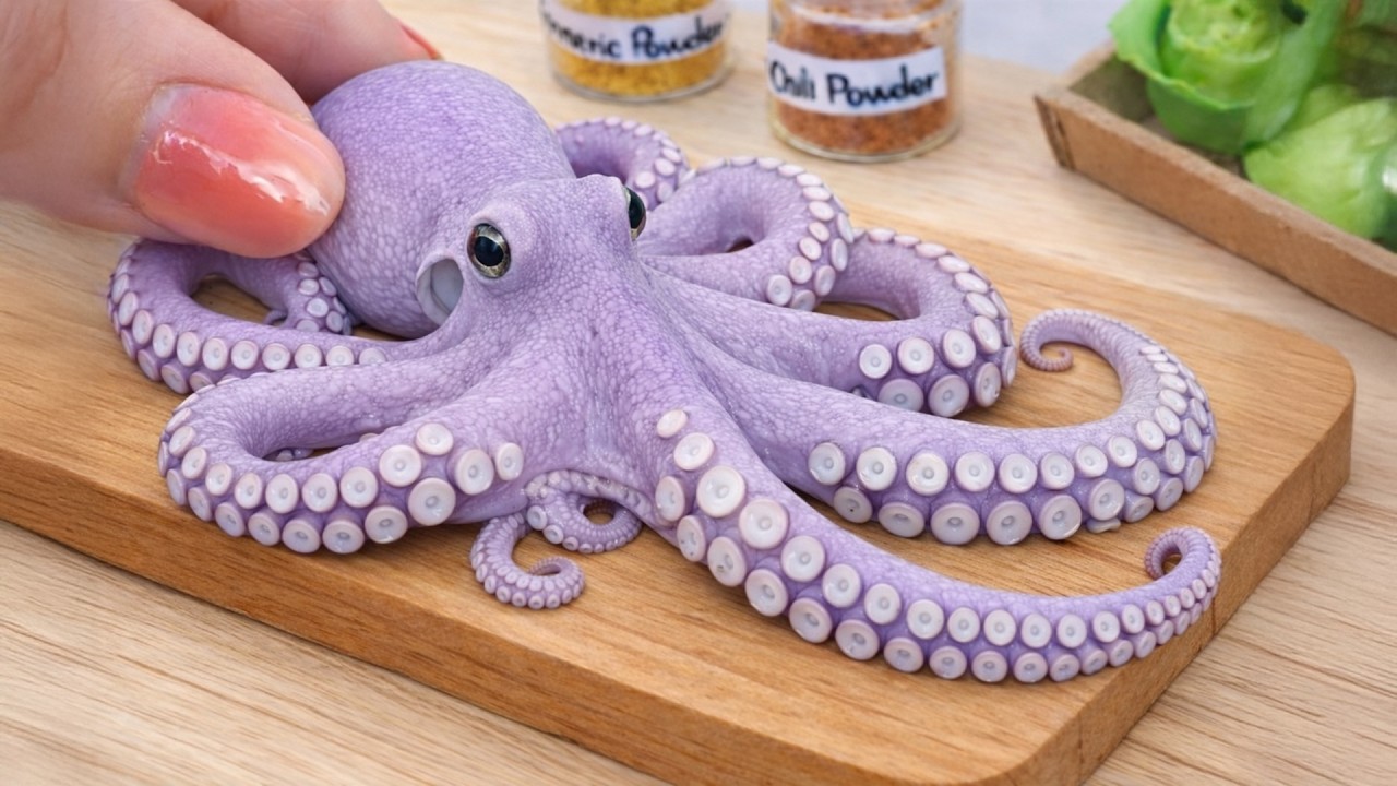 Cute Mini Cooking 🐙 Garlic Butter Baby Octopus Recipe | Tiny Seafood Kitchen