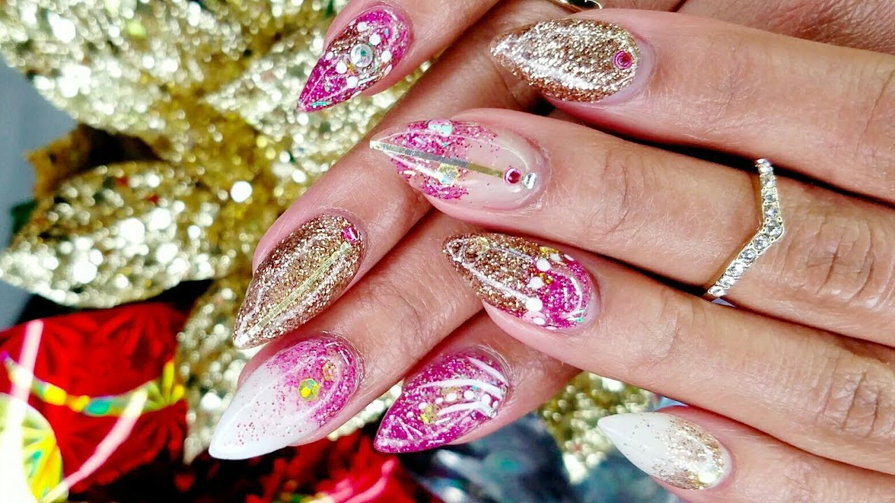 Pink White & Gold GLITTERED ACRYLIC NAILS Tutorial + NAIL ART!