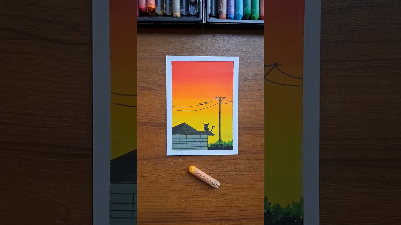Easy Sunset Scenery Drawing with Oil Pastels | Cat Drawing