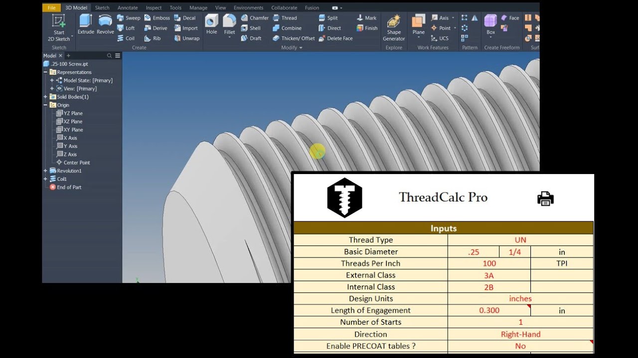 Modeling 1/4-100-3A Screw with Autodesk Inventor and ThreadCalc Pro
