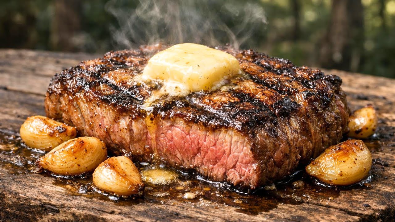 Cooking in the Forest (ASMR): Garlic Butter Steak Outdoors