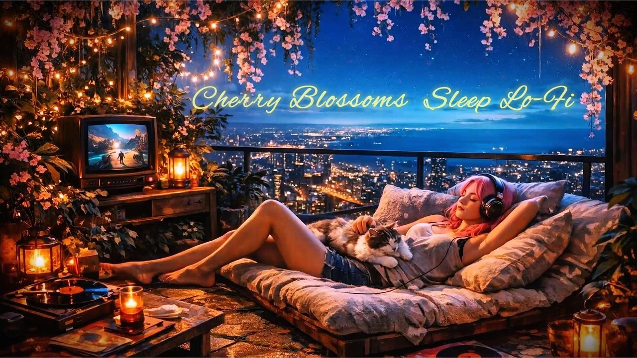 Cherry Blossom🌸 Balcony Sleep 🌙Lo-Fi | Girl & Cat 櫻花陽台睡眠音樂｜女孩與貓インドア夜景｜桜のバルコニー睡眠BGM