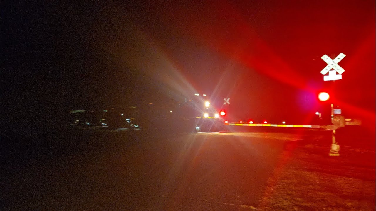 Nighttime Union Pacific train heads north at cherry street, Kasota, MN (November 14, 2025)