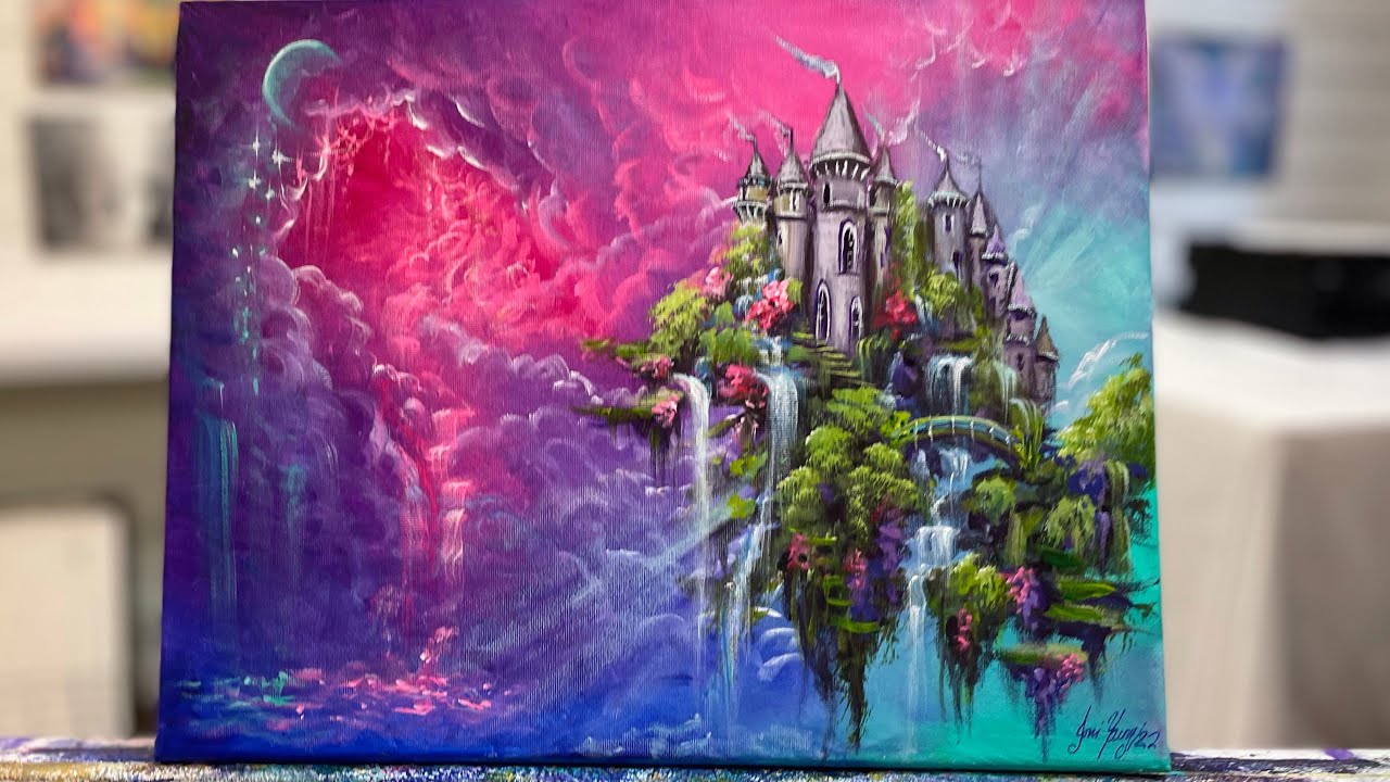 How to paint “Floating Castle” Step by step tutorial in  acrylic