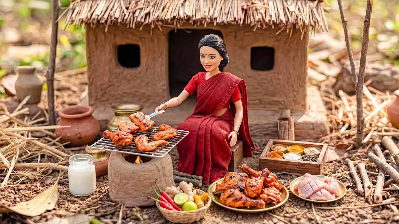 Miniature Doll Makes Smoky Tandoori Chicken 🍗🔥 | Indian Village Tiny Kitchen ASMR