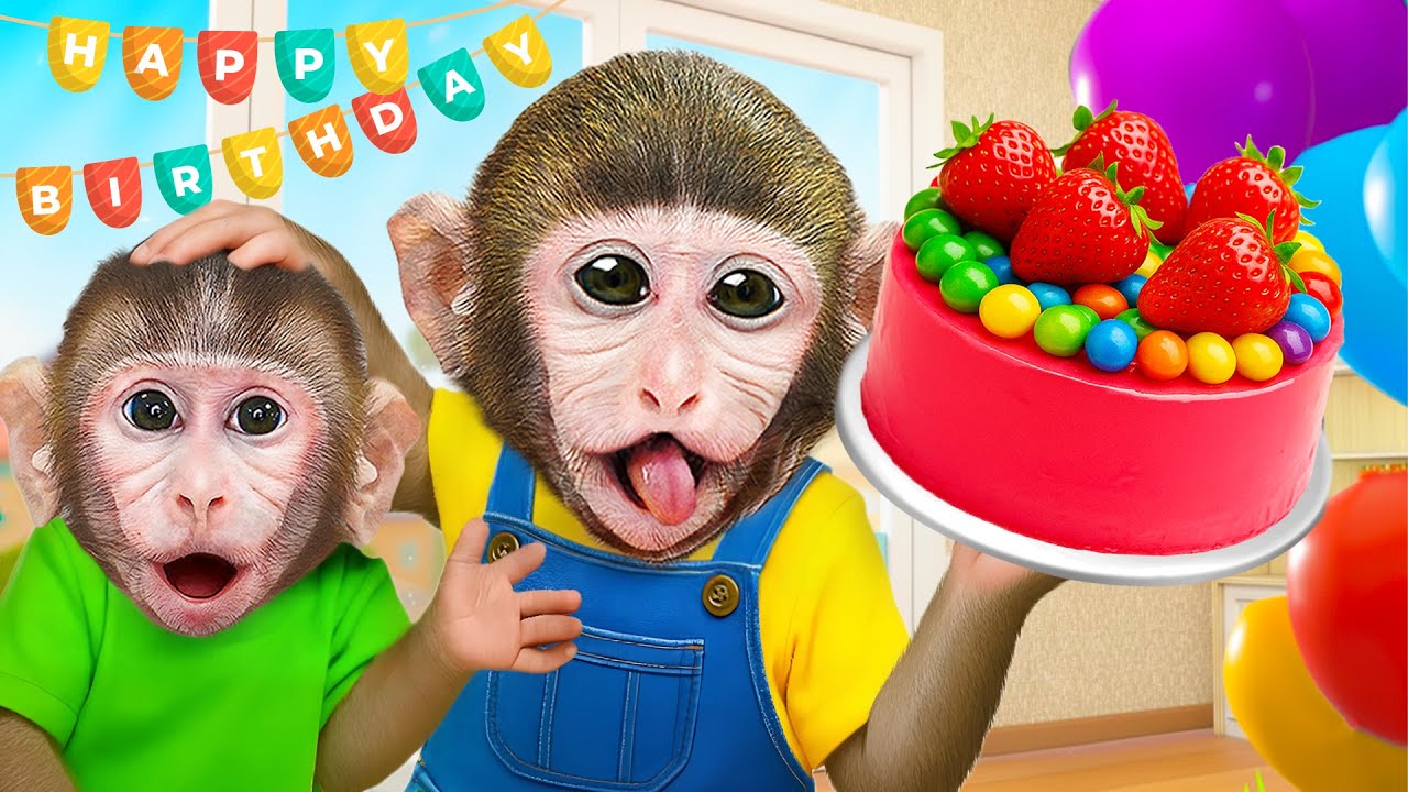 Monyet Dodo Imut membuat kue ulang tahun stroberi dan merayakan bersama Bonbon