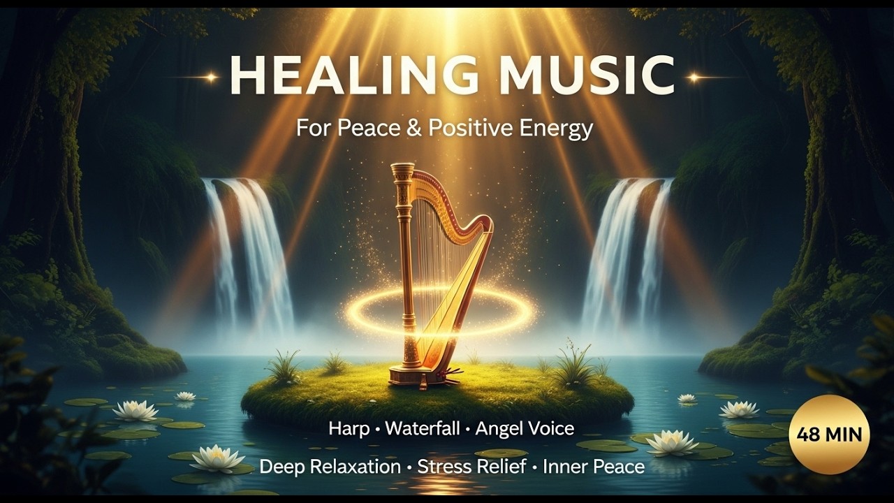 48-Min Healing Music for Peace & Positive Energy ✨ Harp, Waterfall & Angel Voice | Stress Relief
