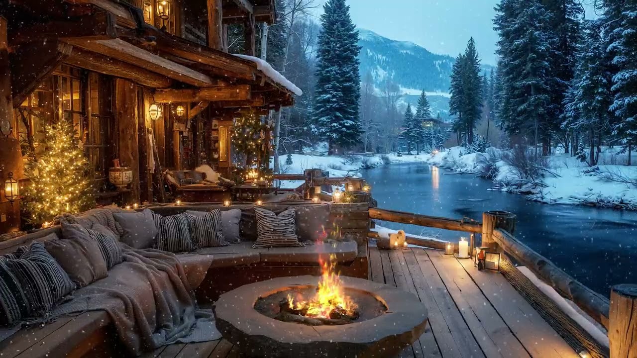 Relax Winter Ambience 🌊 Cozy Cabin Firepit & Soothing Water for Unwind
