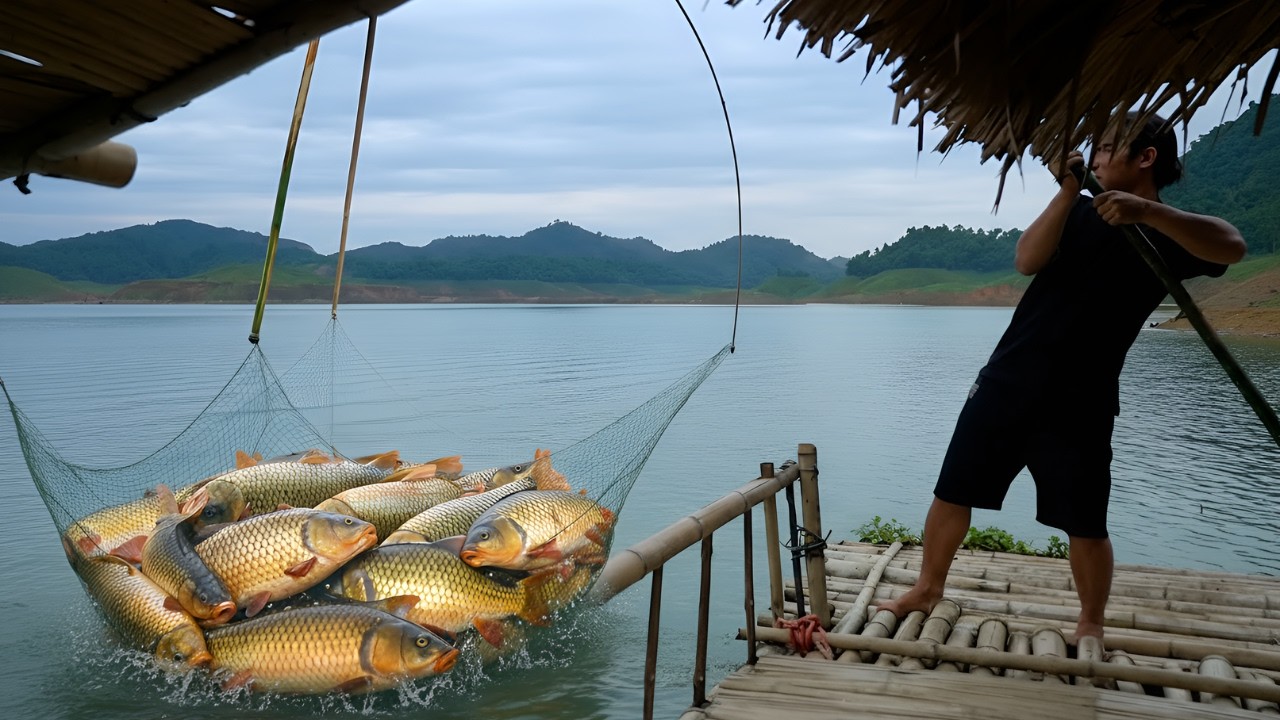 Going into the forest to set trap and gather natural food - Catching fish with nets, surviving alone