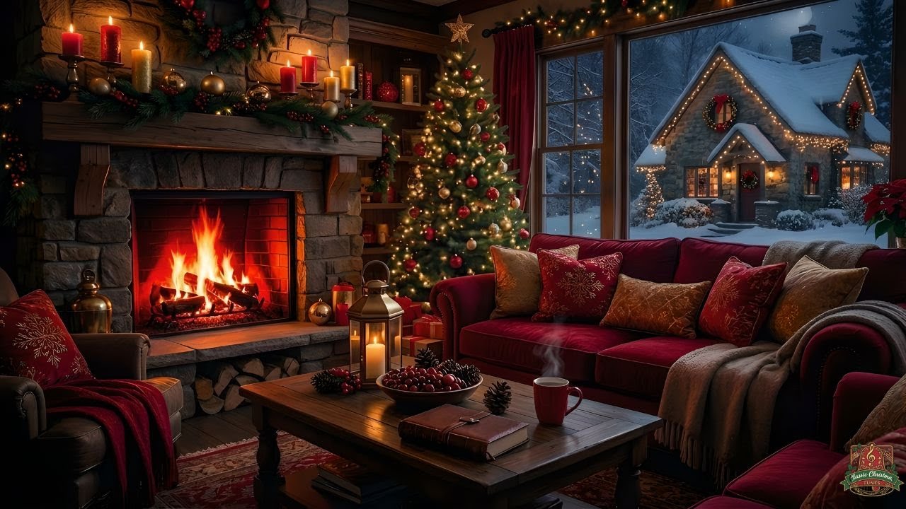 🌙❄️ Enchanting Winter Night: Crackling Fireplace & Heavy Snowfall for Deep Sleep