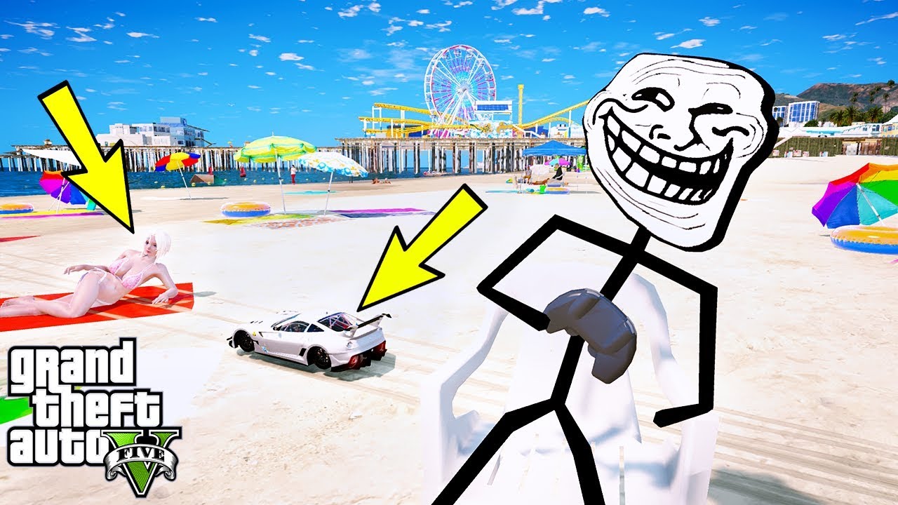TROLLFACE ÇÖPTE BULDUĞU OYUNCAK ARABAYLA PLAJDAKİ İNSANLARI TROLLEDİ! - GTA 5