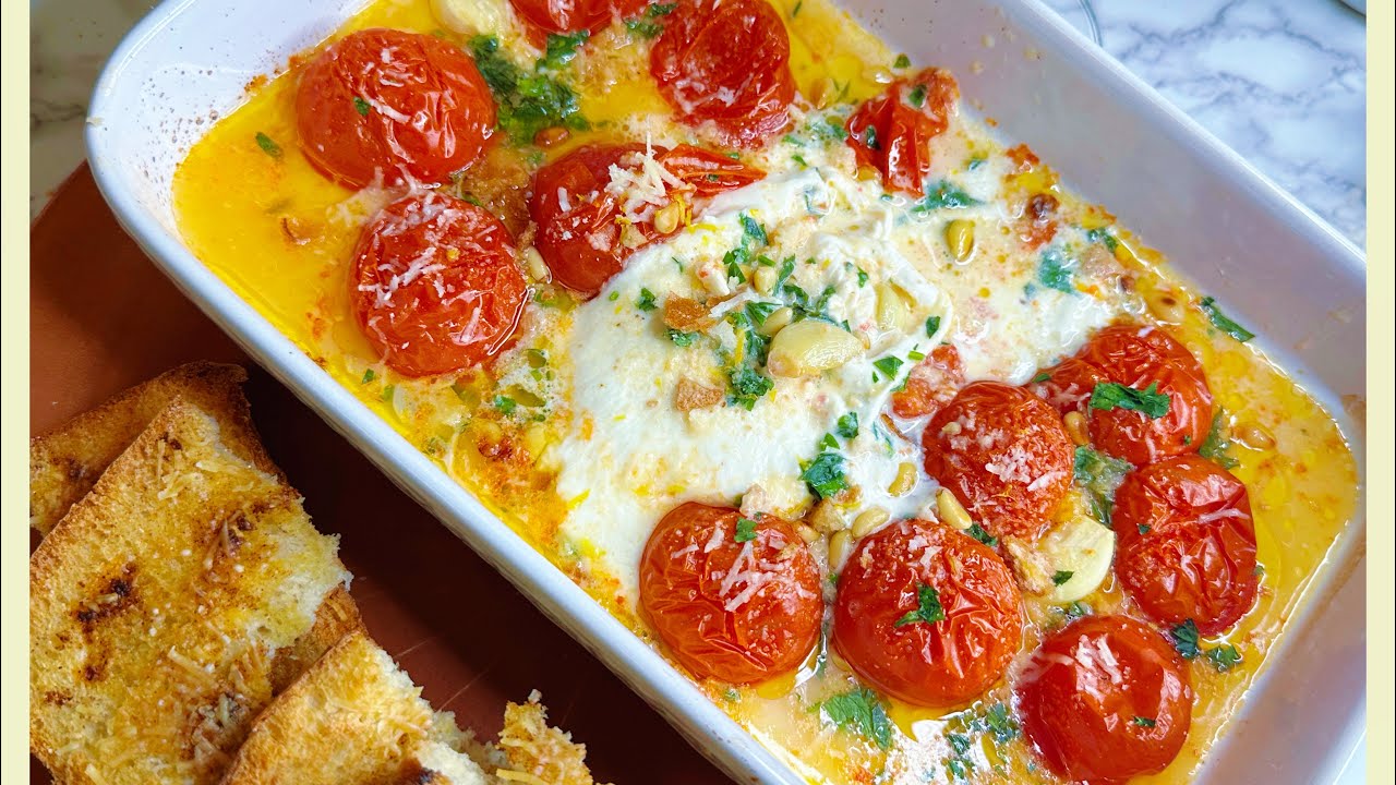 Easy Cheesy 🧀Dinner Roasted Burrata cheese with Campari Tomatoes 🍅and Pinenuts 