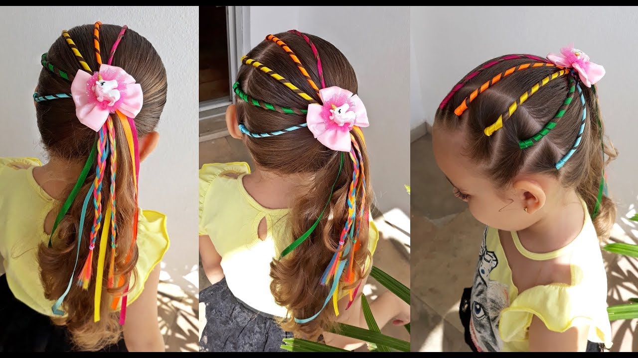 Penteado Infantil arco-íris versão com fitas para Festa Junina