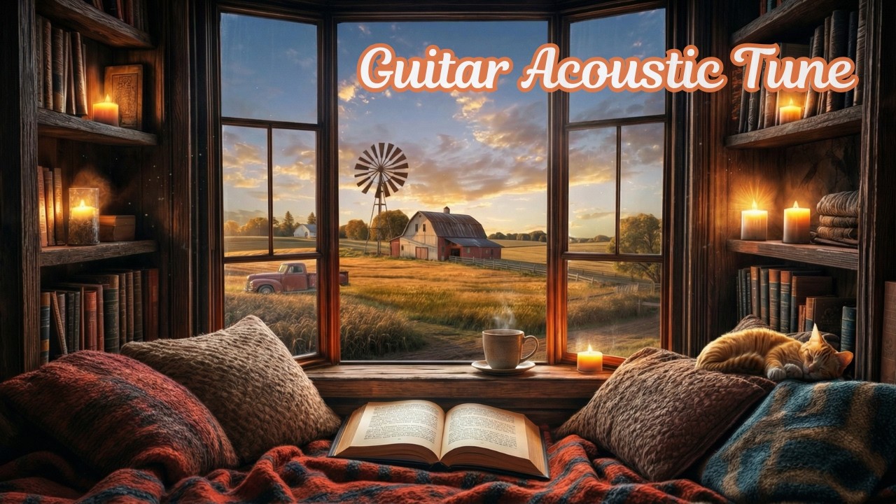 Cozy Bookshelf Reading Nook with Sunset - Soft Acoustic Music for Tranquility