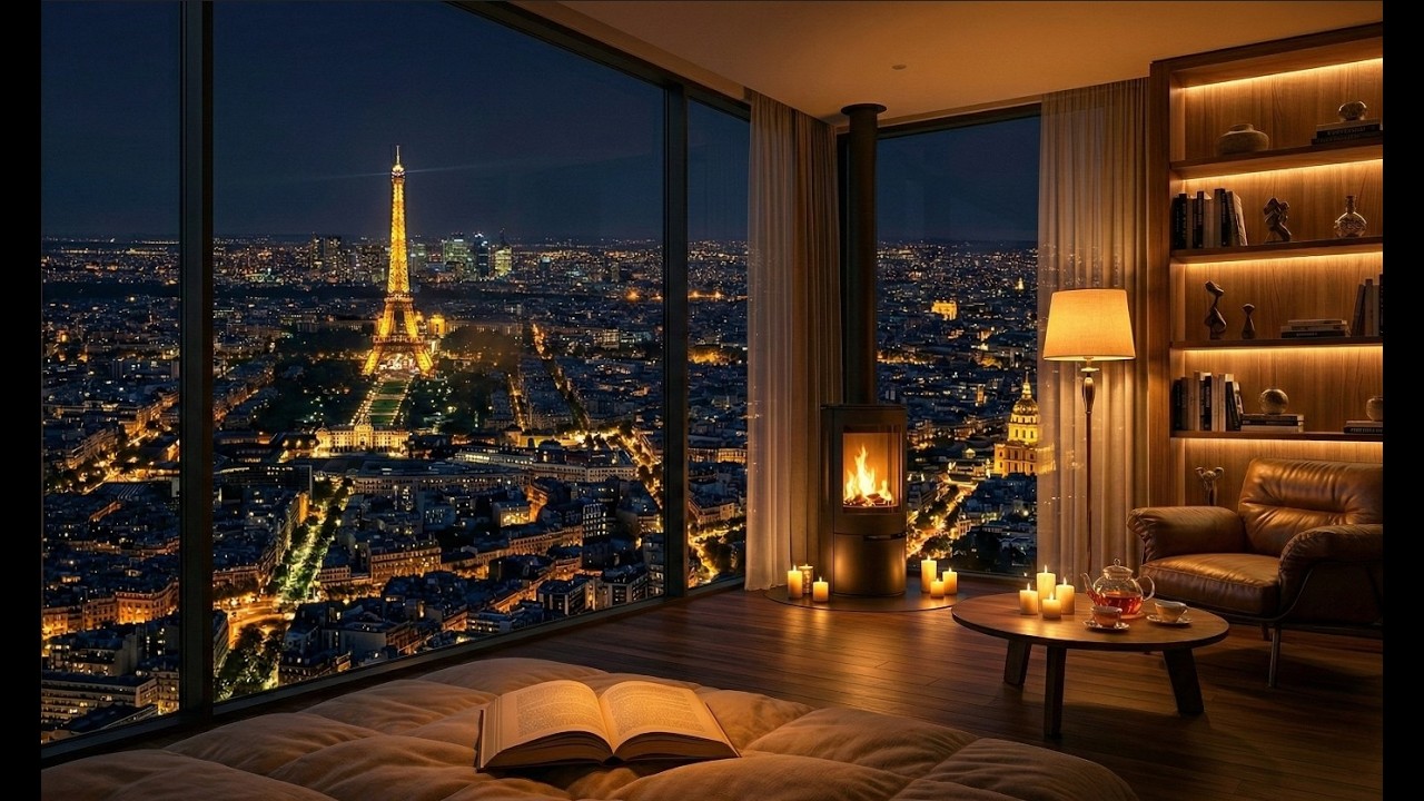 Paris Night View from a Luxury Penthouse 🌙 Fireplace Ambience & Eiffel Tower Lights | Cozy 4K Loop