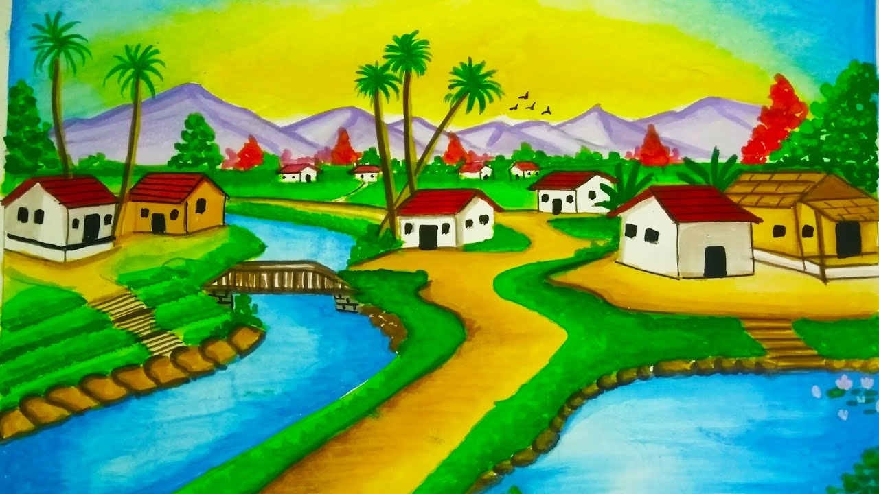 How to draw and paint a beautiful village scenery/ simple and easy village scenery