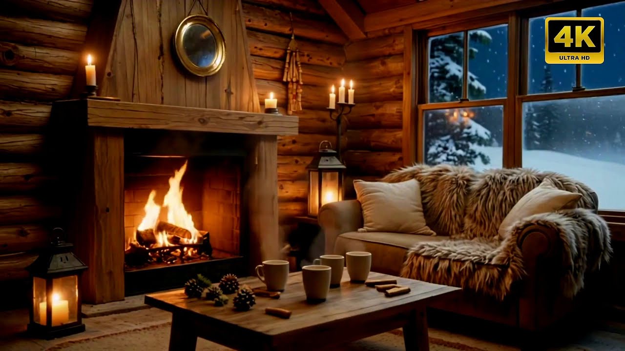 4K Cozy Cabin + Smooth piano Jazz🎶 + Fireplace 🔥 The Most Relaxing Winter Ambience ❄️