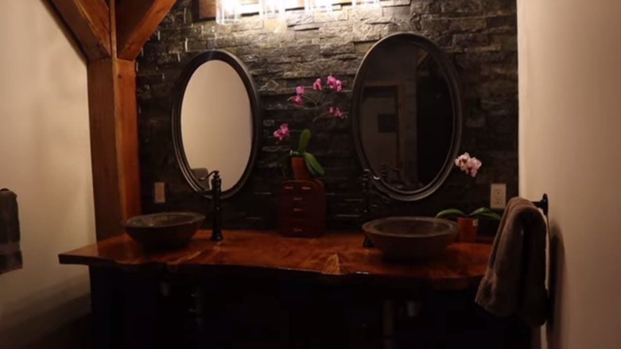 Rustic Live Edge Vanity Installation with Double Concrete Vessel Sinks