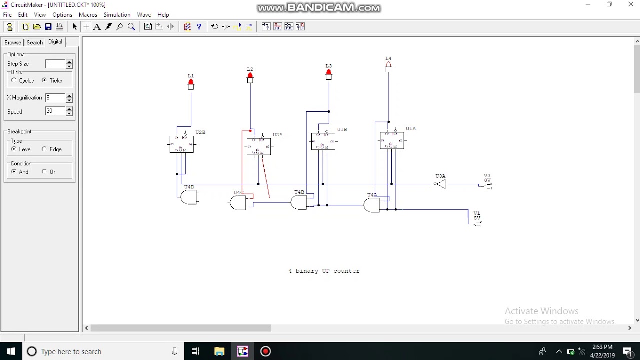 4 bit binary up counter implementation using circuit maker