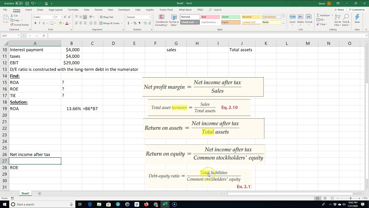 Calculate ROA, ROE, TIE on Excel