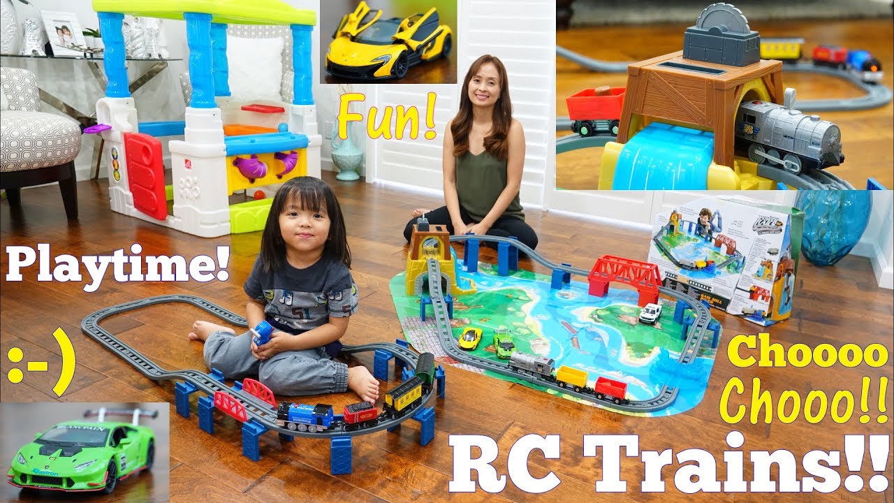 Kids' Toy Channel: Remote Control Train Set Toy Unboxing. Diecast Cars Playtime w/ Hulyan & Maya