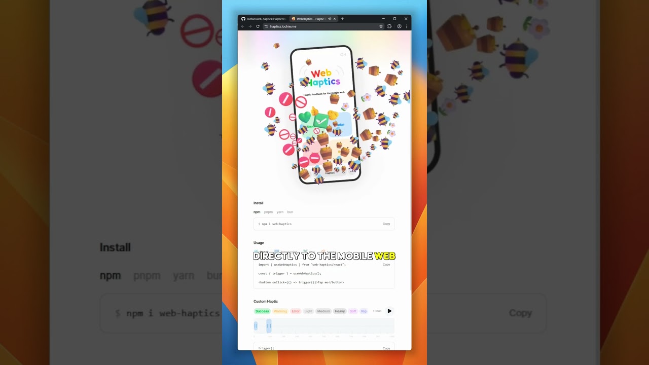 WebHaptics przenosi wibracje o naturalnym odczuciu bezpośrednio do mobilnej sieci. Obsługuje React, Vue i Svelte.