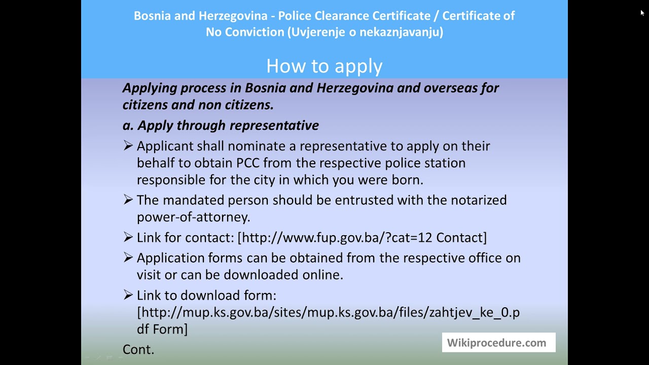Bosnia and Herzegovina - Obtain a Police Clearance / Good Conduct Certificate (PCC)