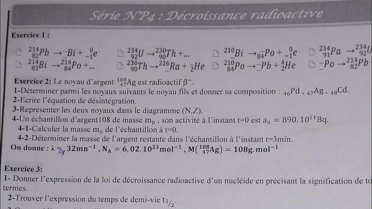 Série d'exercices corrigés partie 1( 2 Bac Sciences): Décroissance Radioactif