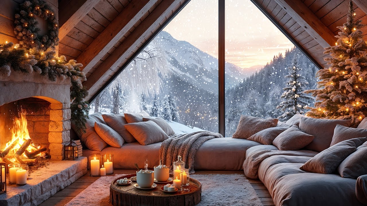 Christmas Cabin in the Snowy Mountains ❄️🔥 Hot Cocoa, Fireplace & Falling Snow Ambience