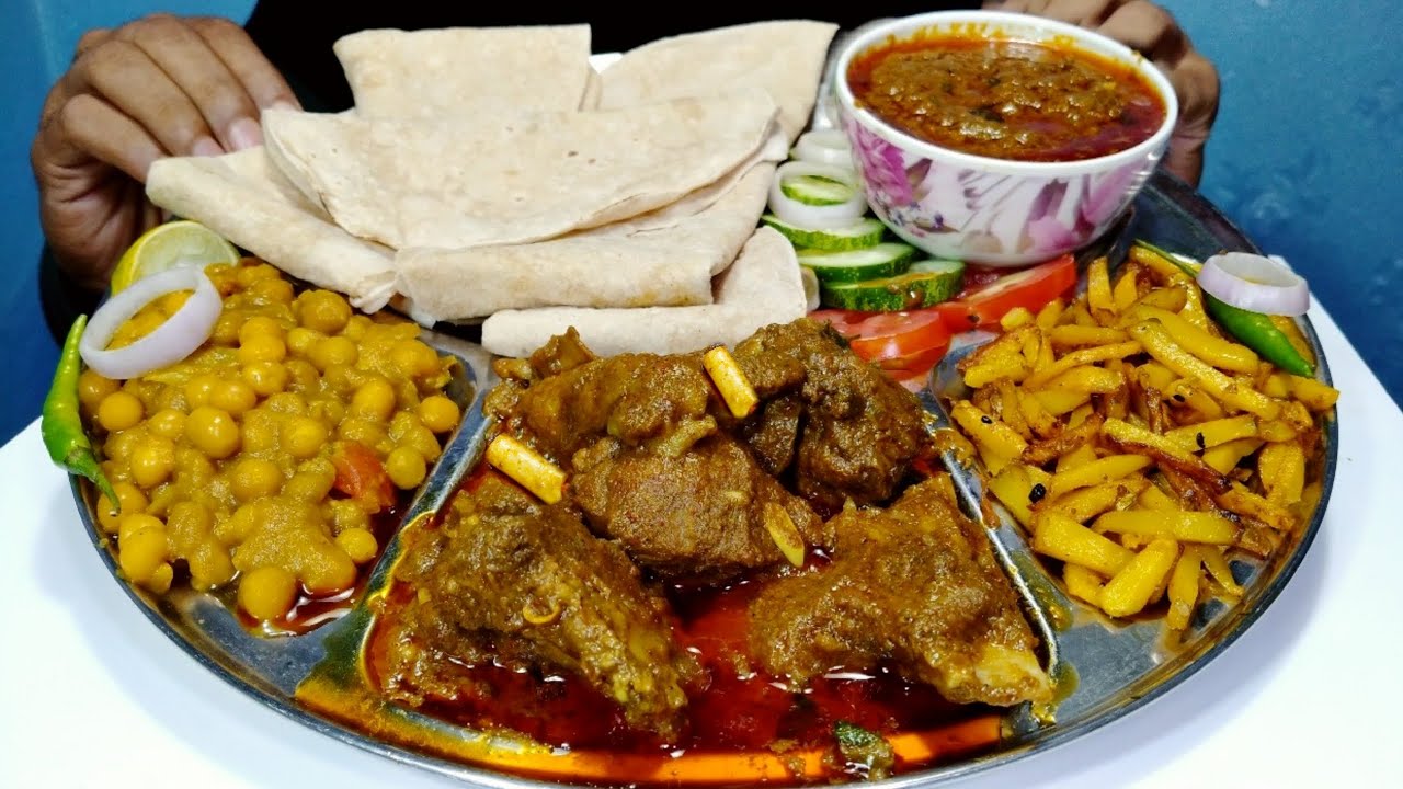 Eating Mutton Curry Roti Ghugni Fried Potato (Aloo Vaja) Salad | Mukbang | Eating show | Only Eating