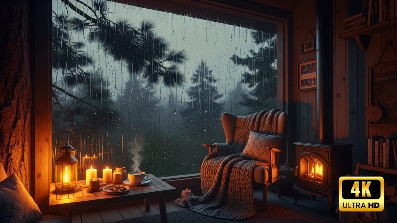 Best Rain Ambience for Focus 🌧️ | Cozy Cabin Fireplace for Focus & Study (4K) 🔥