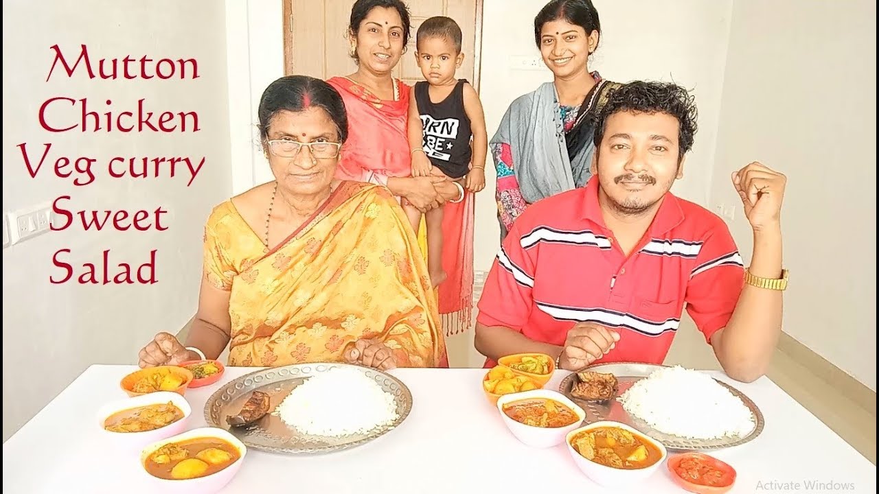 Eating Mutton Curry, Chicken Curry, Veg Curry, Salad & Sweets With Rice