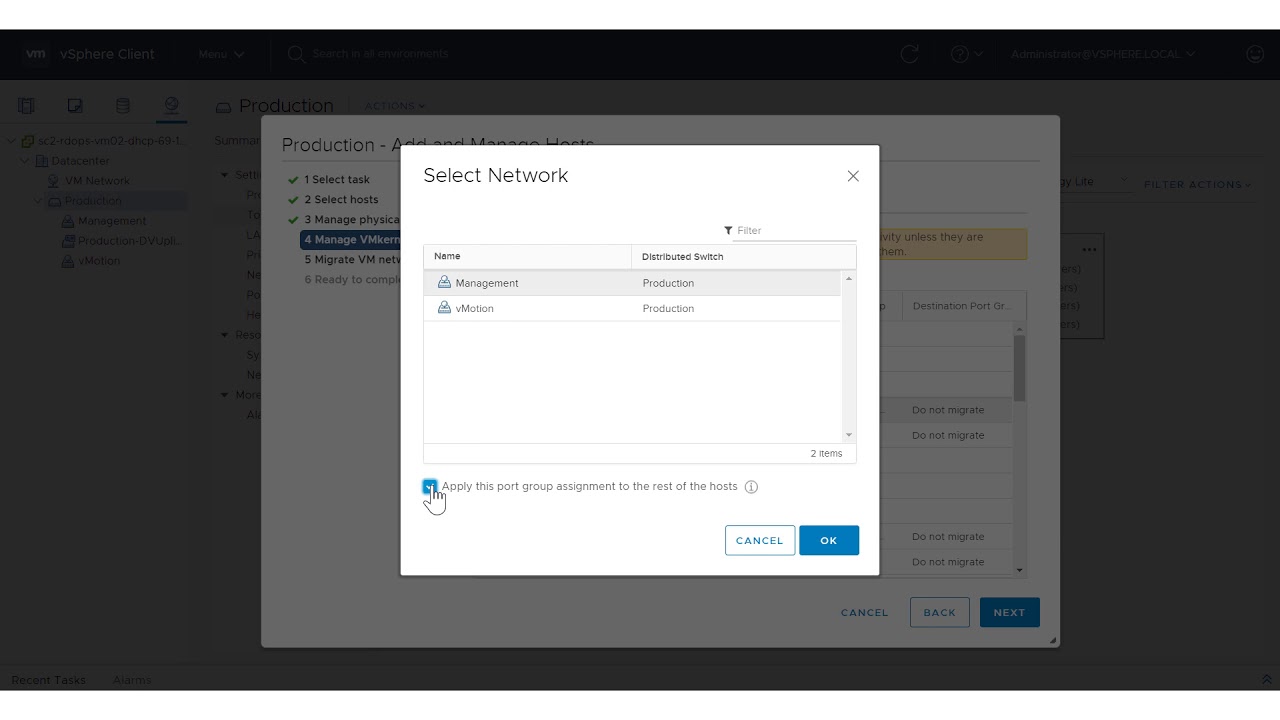 Migrating Networking to a vSphere Distributed Switch in the vSphere Client