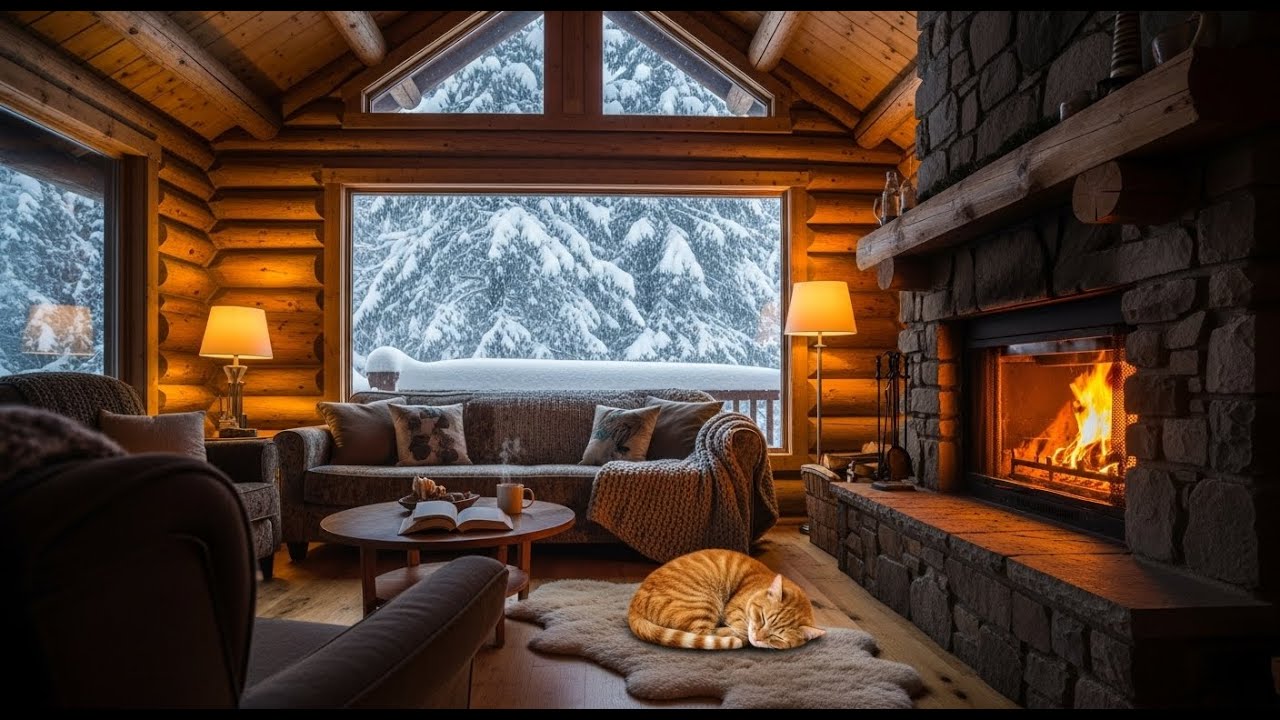 Cozy Winter Night 🐾 Fireplace Crackling & Cat Purrs  ASMR for Deep Sleep
