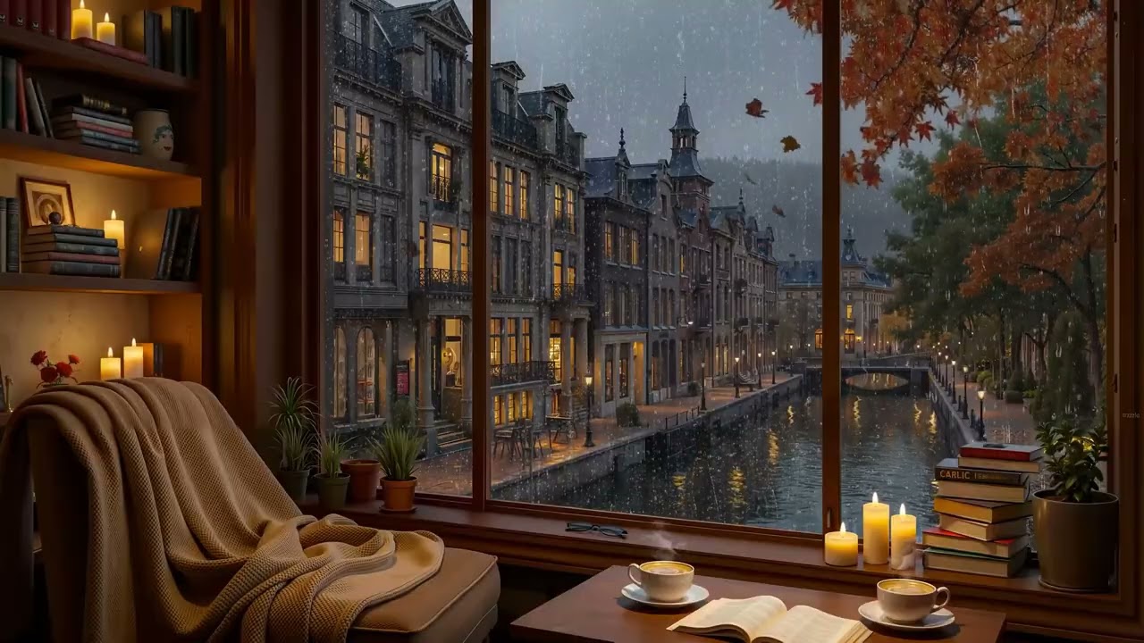 Autumn Quran Radio Ambience| Cozy Room, Beautiful Lake View, Falling Leaves, Rain on Window & Clouds