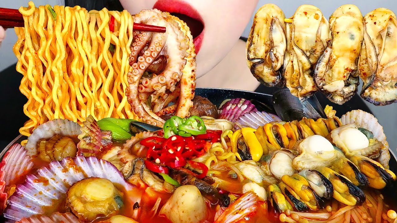 ASMR SPICY SEAFOOD NOODLES 해물라면 먹방(레시피 포함) OYSTER, OCTOPUS, SCALLOP, MUSHROOM EATING&COOKING SOUNDS