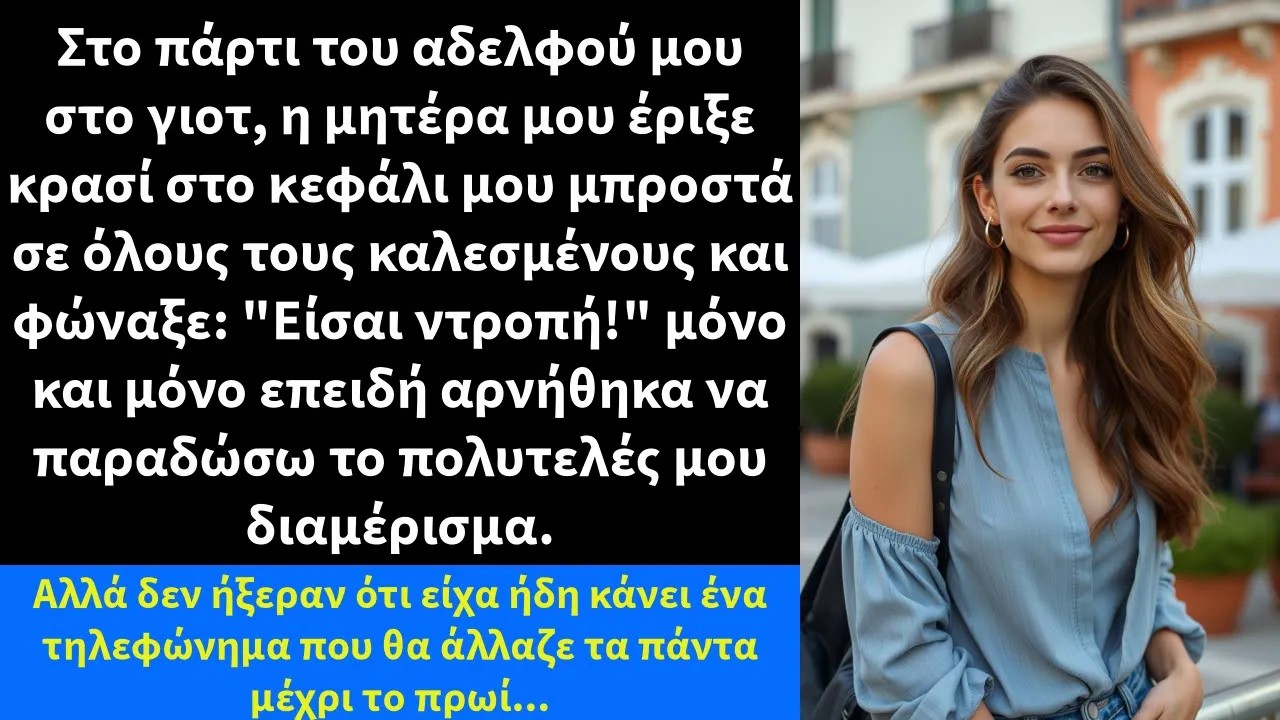 Στο πάρτι του αδελφού μου στο γιοτ, η μητέρα μου έριξε κρασί στο κεφάλι μου μπροστά σε όλους του