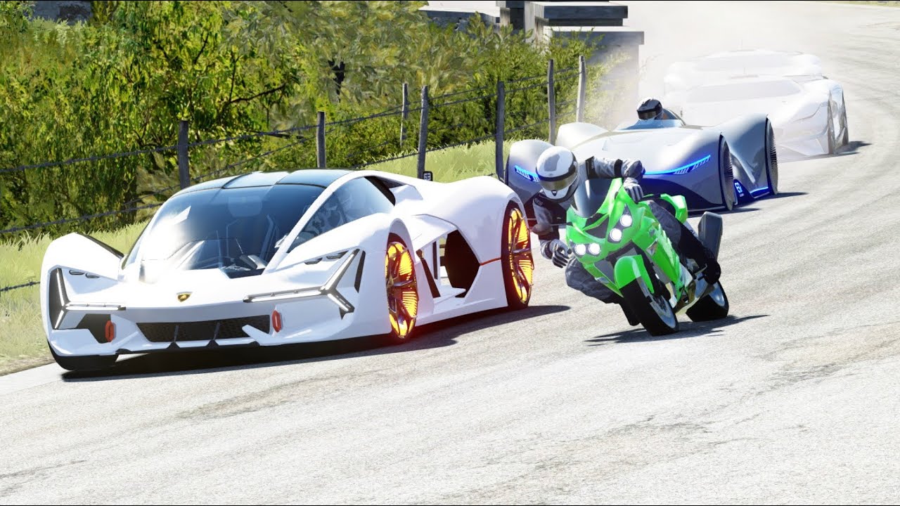 Kawasaki Ninja ZX-14R vs Concept Hypercars Lamborghini, Mercedes-benz, Jaguar, Bugatti at Old SPA