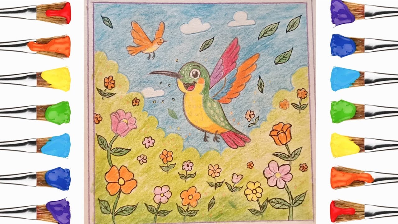 Birds Drawing Garden Flower, Birds Playing Color Pencil