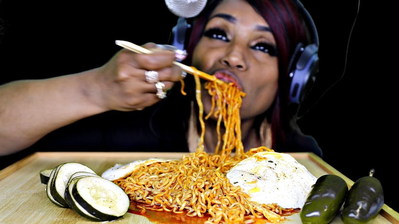ASMR Spicy Fire Noodles, Eggs, Cucumbers, Jalapenos (Beast Mode)