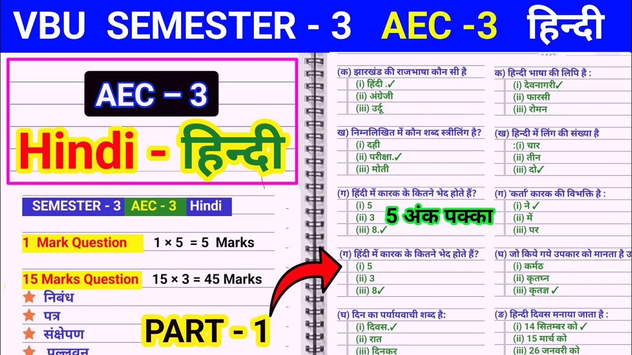 Sem 3 AEC 3 Hindi Important question, semester 3 aec hindi 1 mark question answer,  aupcharik Patra