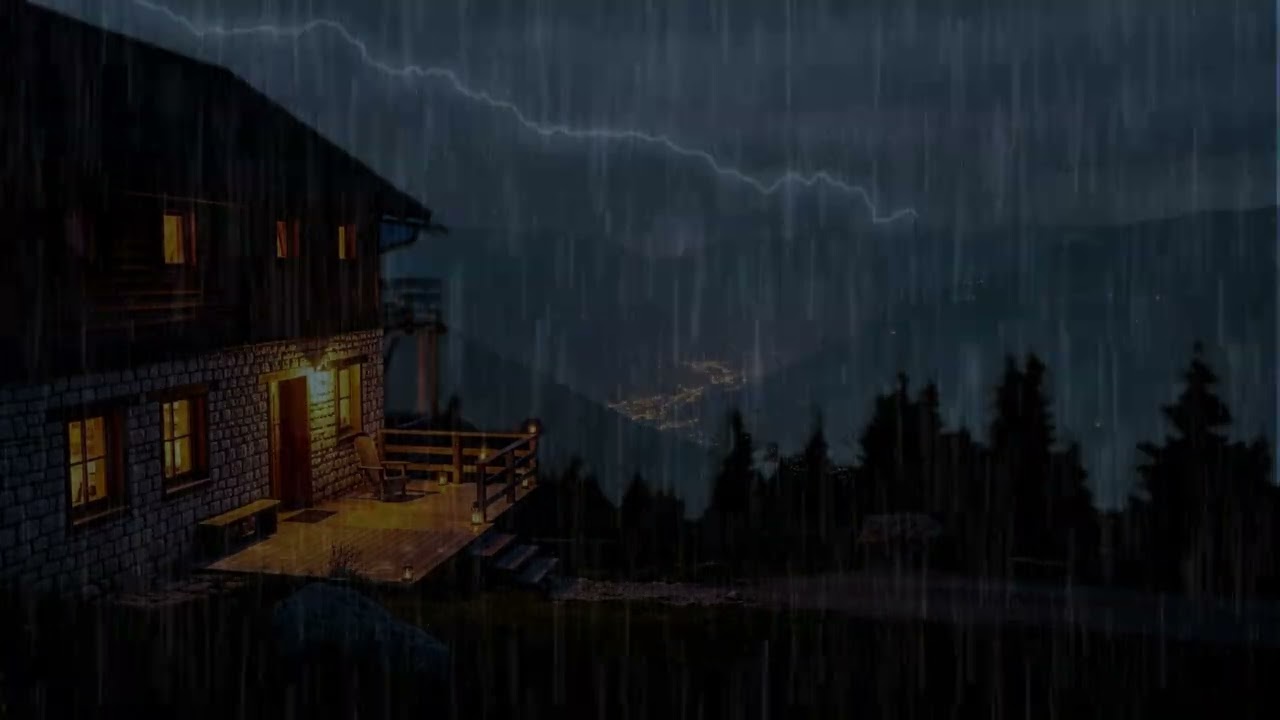 3 (Hours) Night Rain and Thunder Outside a Forest Cabin Deck | Relaxing Rain Sounds for Calm Nights