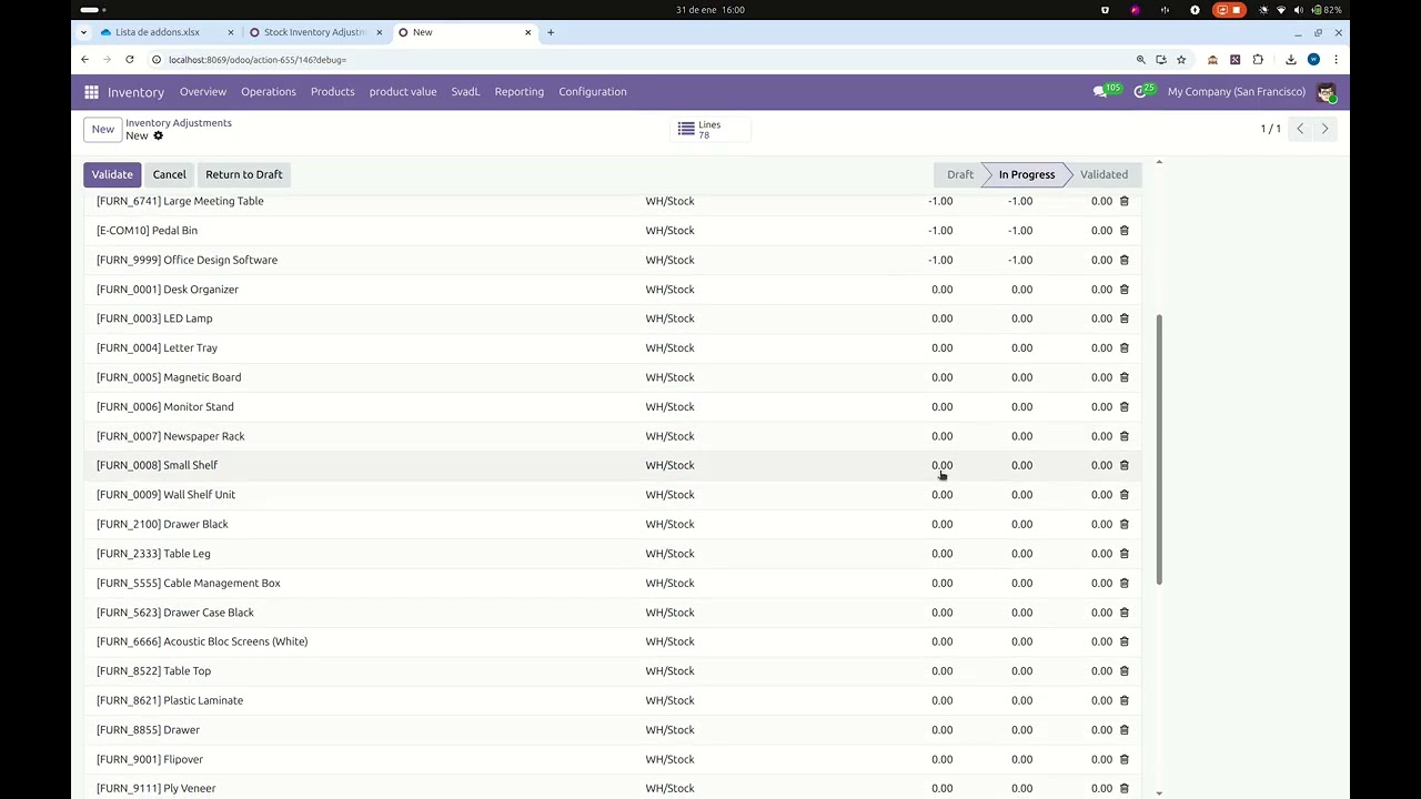 Odoo Inventory Adjustment Tour — Update On-Hand Stock via Excel + PDF Report