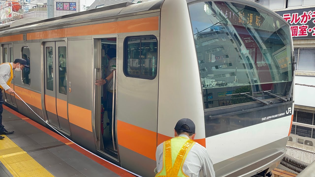 【JR中央快速線内TASC調整試運転（豊田⇄東京）１往復目復路】E233系0番台ﾄﾀH55編成が試運転幕で神田駅6番線に到着停車〜停止位置を測定後静かに発車するシーン（試9961M）2025.9.29
