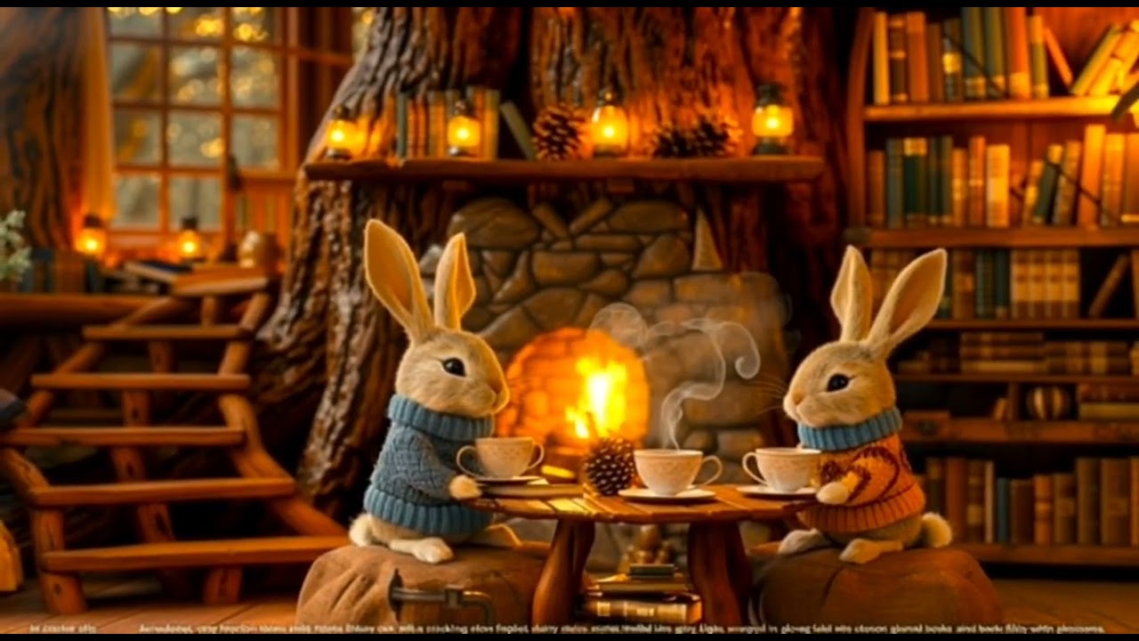 Cozy Forest Evening: Two Bunnies Drinking Tea by the Fireplace | Relaxing & Calm Music